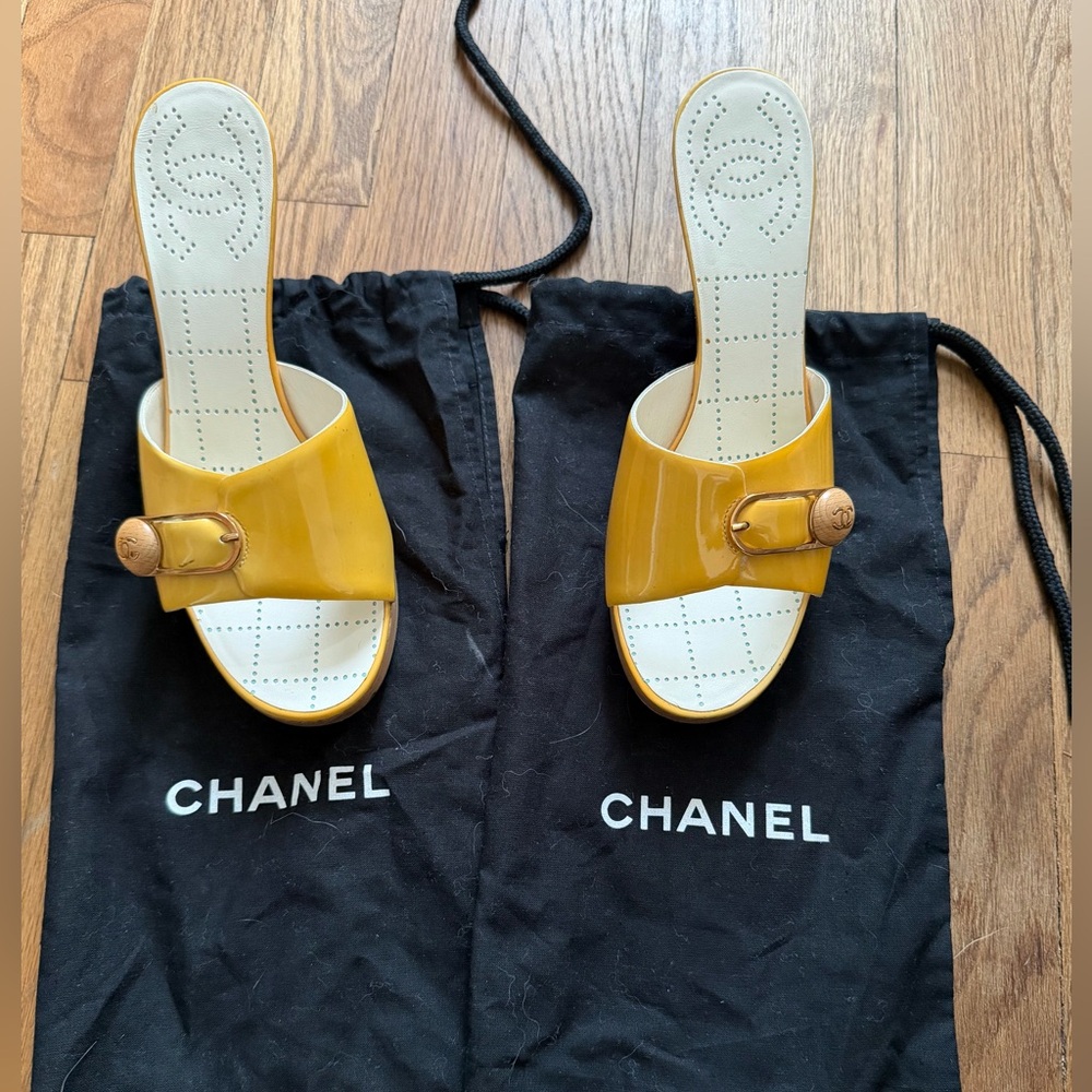 CHANEL Mustard Yellow Slide Sandals